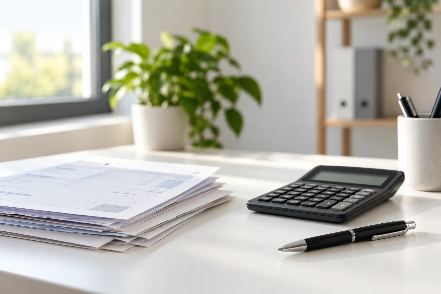 Des factures et une calculatrice sur un bureau